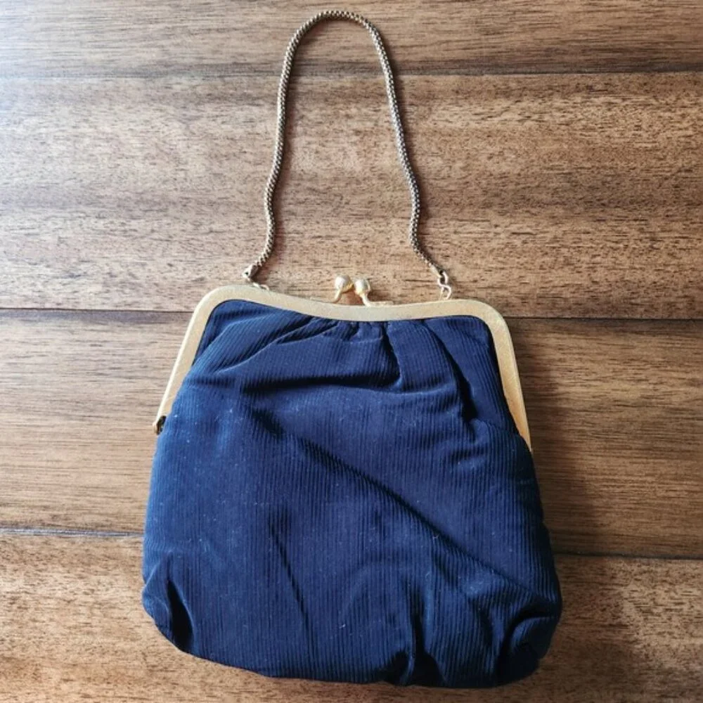 Darling Vintage Du-Val Navy Blue Corded Evening Clutch Bag‎ Kiss Lock Hong Kong